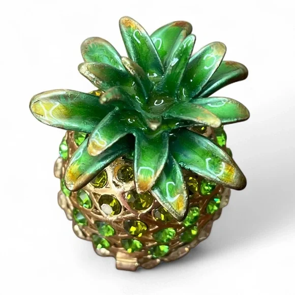 Hawaiian Pineapple Trinket Box Rhinestone Enameled Magnetic Closure Green - Picture 5 of 11